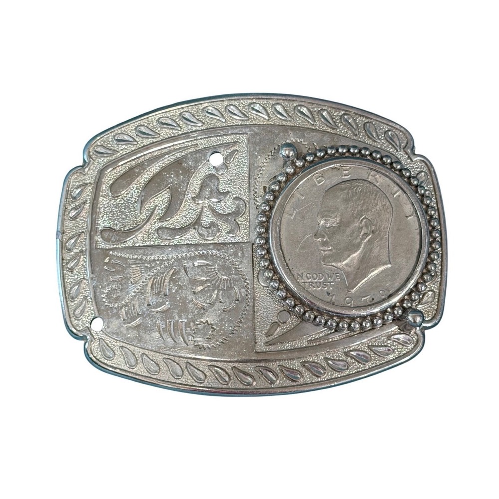 Vintage Western Belt Buckle 1978 Eisenhower Liberty Dollar Silver Tone Engraved